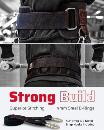 THEFITGUY Ultimate Dip Belt | Secure Closure - No Sliding Down | Structured Back Support | 45-Angle Rings - Comfort Dip Position | 40” Strap & 2 Snap Hooks - for Dips, Pull-Ups, Squats, Weight Lifting