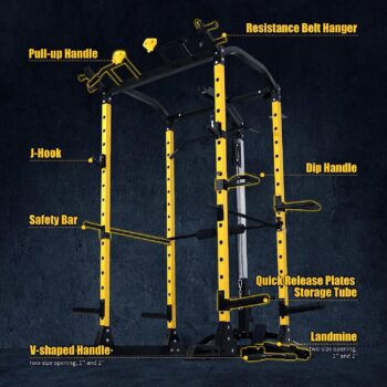 ToughFit 1000lbs Squat Rack Multi-Function Power Cage with LAT Pull-Down Pulley System Power Rack with Adjustable Cable Crossover for Body Training Garage & Home Gym Equipment