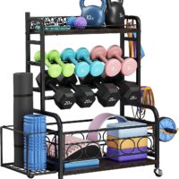 Weight Rack for Dumbbells, Dumbbell Rack Weight Stand, VOPEAK Home Gym Storage Rack for Yoga Mat Kettlebells and Strength Training Equipment, Weight Storage Holder Rack for Dumbbells with Wheels