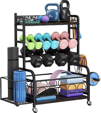 Weight Rack for Dumbbells, Dumbbell Rack Weight Stand, VOPEAK Home Gym Storage Rack for Yoga Mat Kettlebells and Strength Training Equipment, Weight Storage Holder Rack for Dumbbells with Wheels