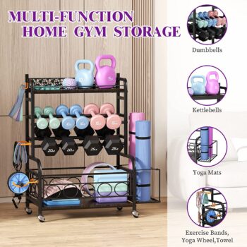 Weight Rack for Dumbbells, Dumbbell Rack Weight Stand, VOPEAK Home Gym Storage Rack for Yoga Mat Kettlebells and Strength Training Equipment, Weight Storage Holder Rack for Dumbbells with Wheels