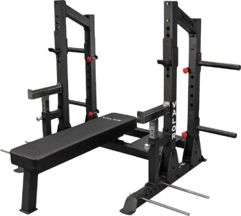 Valor Fitness BF-60 Heavy Duty Competition Bench Press Rack with Safety Spotter Bars - Adjustable - 7 J-Hooks & 4 Band Pegs - Olympic Power Lifting Max Weight Load 1000 lbs Certified IPF Standards