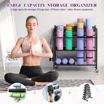 Yoga Mat Storage Rack, Home Gym Storage Rack Yoga Mat Holder, VOPEAK Workout Storage for Yoga Mat, Foam Roller, Gym Organizer Gym Equipment Storage for Home Exercise and Fitness Gear (Metal)