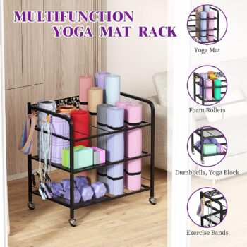 Yoga Mat Storage Rack, Home Gym Storage Rack Yoga Mat Holder, VOPEAK Workout Storage for Yoga Mat, Foam Roller, Gym Organizer Gym Equipment Storage for Home Exercise and Fitness Gear (Metal)