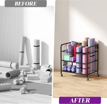 Yoga Mat Storage Rack, Home Gym Storage Rack Yoga Mat Holder, VOPEAK Workout Storage for Yoga Mat, Foam Roller, Gym Organizer Gym Equipment Storage for Home Exercise and Fitness Gear (Metal)