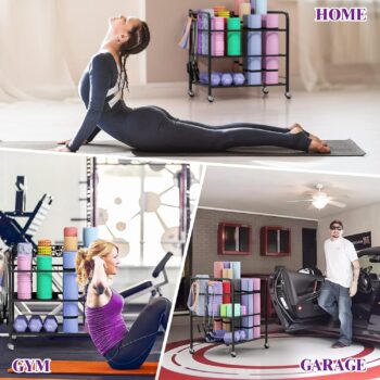 Yoga Mat Storage Rack, Home Gym Storage Rack Yoga Mat Holder, VOPEAK Workout Storage for Yoga Mat, Foam Roller, Gym Organizer Gym Equipment Storage for Home Exercise and Fitness Gear (Metal)