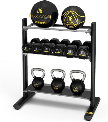 ZIVA Performance 3-Tier Storage Rack - Gym, Home Storage Rack – Steel Oval Tubing – Holds Dumbbells, Wall Balls, Med Balls, Kettlebells, Core Sandbags - Black (Dimensions: H: 118cm, W: 64cm, L: 82cm, Weight: 47kg)