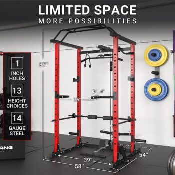 ER KANG Power Cage, 1200LBS Power Rack with LAT Pulldown, Multi-Function Squat Cage, Weight Cage with Pulley System Squat Rack for Home Gym with Training Attachment