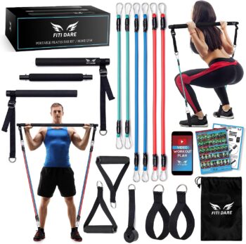 FITI DARE Portable Pilates Bar Kit with Adjustable Resistance Band (25,30,35lb) | Home Workout Equipment for Women&Men of All Heights | Fitness Bands Set | Outdoor Full Body Exercise Gym with Video