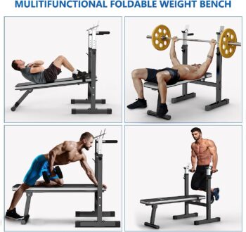 Lmdex Adjustable Weight Bench Press with Squat Rack Folding Multi-Function Dip Station for Full Body Workout Home Gym Strength,Grey