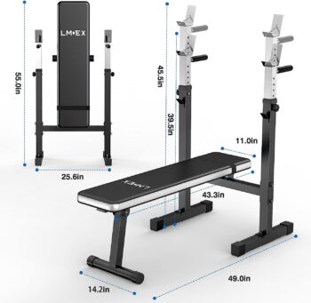 Lmdex Adjustable Weight Bench Press with Squat Rack Folding Multi-Function Dip Station for Full Body Workout Home Gym Strength,Grey