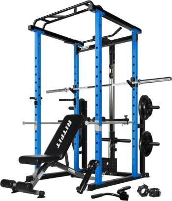 RitFit Squat Rack Power Cage Home Gym Package, Includes 1000LBS Power Rack with Optional LAT Pull Down or Cable Crossover System, Weight Bench, Rubber/Bumper Plates Set with Olympic Barbell