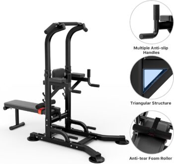 Uboway Power Tower with Bench, Pull Up Bar Stand Dip Station, Multi-gear Adjustable Heights and Weight Bench Angles, Strength Training Fitness Equipment for Home Gym