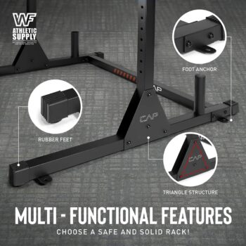 WF Athletic Supply Squat Stand with J-Hooks & Pull up bar, Bench Press Rack for Full Body Strength Workout; Safety Spotter Arms, Plate Holder & Half Rack Conversion Kit Attachments Available