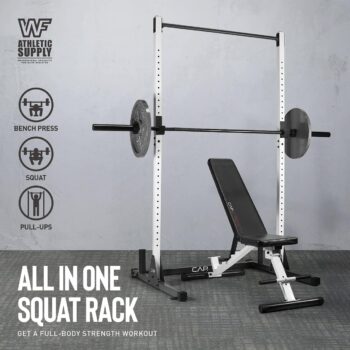 WF Athletic Supply Squat Stand with J-Hooks & Pull up bar, Bench Press Rack for Full Body Strength Workout; Safety Spotter Arms, Plate Holder & Half Rack Conversion Kit Attachments Available