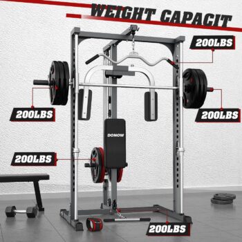 DONOW Smith Machine Power Cage Power Rack Squat Rack with Smith Bar Home Gym System with LAT Pull Down Chest Station for Strengthen Training Without Weights