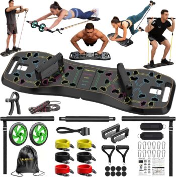 LALAHIGH Portable Home Gym System: Large Compact Push Up Board, Pilates Bar & 20 Fitness Accessories with Resistance Bands & Ab Roller Wheel - Full Body Workout for Men and Women, Gift for Boyfriend