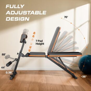 PERLECARE Adjustable Weight Bench for Full Body Workout, All-in-One Exercise Bench Supports up to 772lbs, Foldable Flat, Incline, Decline Workout Bench with Two Exercise Bands for Home Gym, PCWB01 Upgraded Version