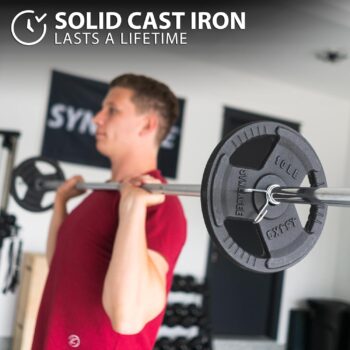 Synergee Cast Iron Weight Plates with 1” Opening for Bodybuilding, Olympic & Power lifting workouts. Metal Weight Plates Sold in Singles, Pairs & Sets. Available from 2.5 to 45 Pounds.