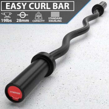 Synergee Commercial EZ Curl Olympic Bar Chrome & Black Phosphate with Powder Coated Brass Bushings Excellent for Bicep Curls and Triceps Extensions