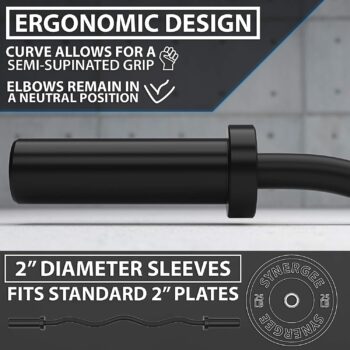 Synergee Commercial EZ Curl Olympic Bar Chrome & Black Phosphate with Powder Coated Brass Bushings Excellent for Bicep Curls and Triceps Extensions