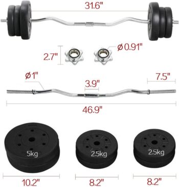 Yaheetech Barbell Weight Set - Olympic Curl Bar & 6 Olympic Weights & 2 Olympic Barbell Clamps for Lifts 55LB