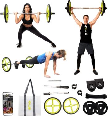 AXLE Home Gym Bundle Workout & Exercise Equipment, Olympic Barbell Weights Set, Two 5lbs Weight Plates, Resistance Band, Foot Anchors, & Tote Bag for Fitness & Strength Training for Men, Women & Youth