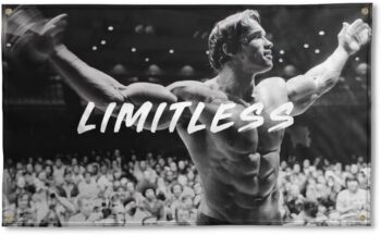 Arnold Schwarzenegger Poster | 3x5 Flag | Gym Motivation Fitness Poster | Durable Cool Tapestry | Man Cave Wall Decor with Metal Grommets for College Dorm Room | Decoration Bedroom Outdoor Parties Gift | Indoor Ceiling Garden Garage Home House | Limitless
