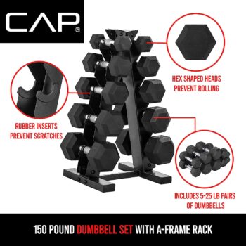 CAP Barbell 150 LB Dumbbell Set with Rack, Color Series