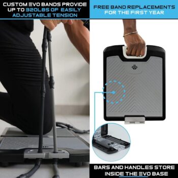 EVO Gym - Portable Home Gym Strength Training Equipment, at Home Gym | All in One Gym - Resistance Bands, Base Holds Gym Bar & Handles for Travel | Portable Gym & Home Exercise Equipment