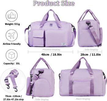 FIORETTO Sports Gym Duffle Bag with Shoes Compartment, Weekend Travel Overnight Bag for Women, Mens, Foldable Water Resistant Holdall Hospital Bag For Swimming, Basketball (Light Purple)