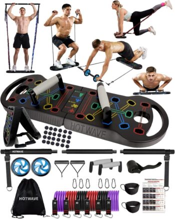 HOTWAVE Portable Exercise Equipment with 16 Gym Accessories.20 in 1 Push Up Board Fitness,Resistance Bands with Ab Roller Wheel,Full Body Workout at Home,Patent Pending