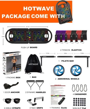 HOTWAVE Portable Exercise Equipment with 16 Gym Accessories.20 in 1 Push Up Board Fitness,Resistance Bands with Ab Roller Wheel,Full Body Workout at Home,Patent Pending