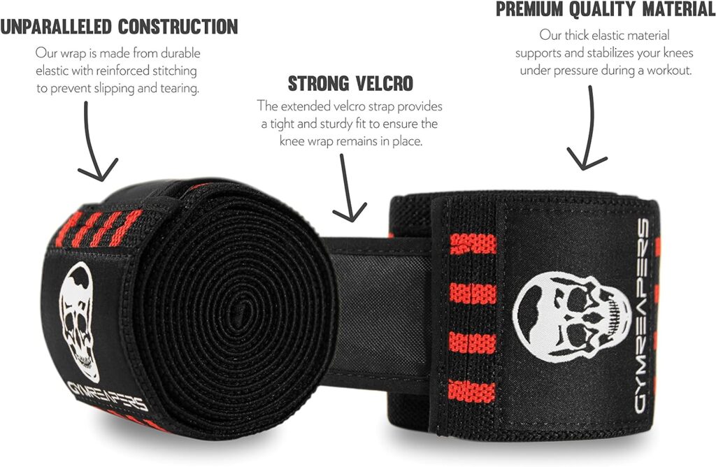 Knee Wraps (Pair) With Strap for Squats, Weightlifting, Powerlifting, Leg Press, and Cross Training