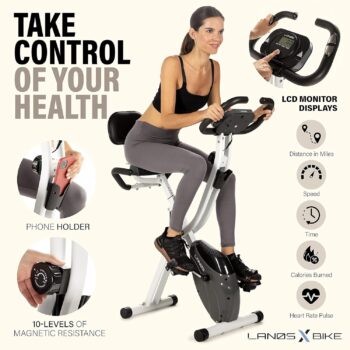 LANOS Workout Bike For Home - 2 In 1 Recumbent Exercise Bike and Upright Indoor Cycling Bike Positions, 10 Level Magnetic Resistance Exercise Bike, Foldable Stationary Bike Machine, Fitness Bike