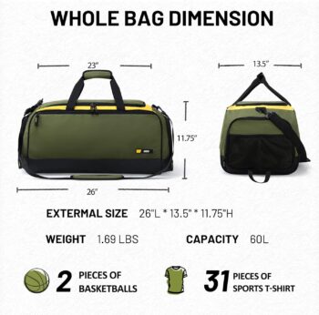 MIER Large Gym Bag for Men with Shoes Compartment Mens Lightweight Sports Travel Duffle Bags for Workout Fitness Weekender, 60L, Army Green