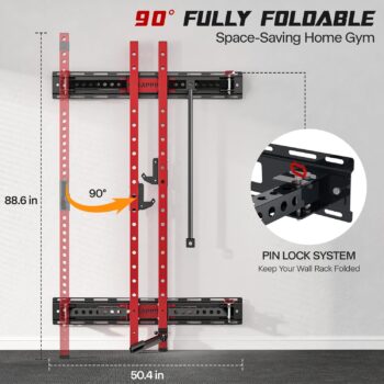 Mappding Folding Squat Rack Wall Mounted with Weight Bench, 1100LBS Foldable Squat Power Rack Weight Cage with Pull Up Bar and Partable Space Saving Free Standing for Home Gym Garage Workout