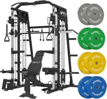 Mikolo Smith Machine, 2200lbs Squat Rack with LAT-Pull Down System & Cable Crossover Machine, Training Equipment with Leg Hold-Down Attachment, Garage & Home Gym Package