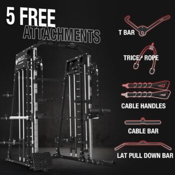 Mikolo Smith Machine, 2200lbs Squat Rack with LAT-Pull Down System & Cable Crossover Machine, Training Equipment with Leg Hold-Down Attachment, Garage & Home Gym Package