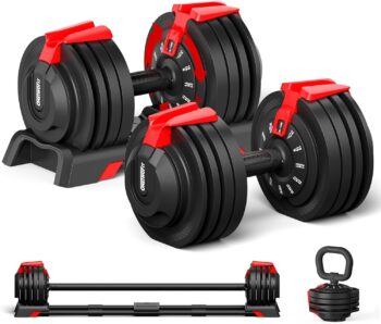 ONETWOFIT Adjustable Dumbbells 7-52.5lbs Single Dumbbell Free Weights 3 IN 1 Multifunctional Dumbbell Set 32 Weight Options Dumbbell, Barbell, Kettlebell with Connector for Home Gym Fitness Exercises