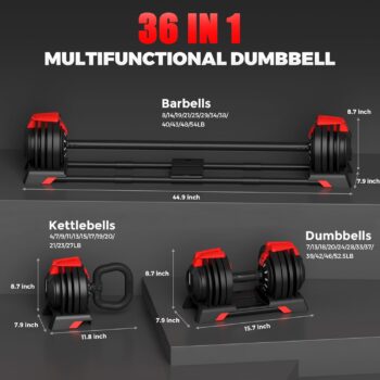 ONETWOFIT Adjustable Dumbbells 7-52.5lbs Single Dumbbell Free Weights 3 IN 1 Multifunctional Dumbbell Set 32 Weight Options Dumbbell, Barbell, Kettlebell with Connector for Home Gym Fitness Exercises