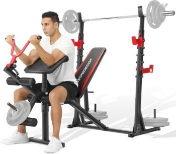 OPPSDECOR Weight Bench Set with Squat Rack, Olympic Workout Bench with Barbell Rack, Adjustable Incline Decline Bench, Professional Bench Press Set with Preacher Curl, Leg Developer and Detachable Crunch Handle for Home Gym Training