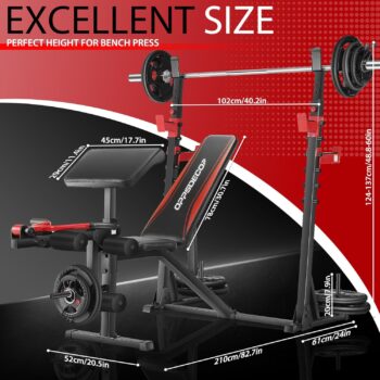 OPPSDECOR Weight Bench Set with Squat Rack, Olympic Workout Bench with Barbell Rack, Adjustable Incline Decline Bench, Professional Bench Press Set with Preacher Curl, Leg Developer and Detachable Crunch Handle for Home Gym Training