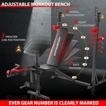 OPPSDECOR Weight Bench Set with Squat Rack, Olympic Workout Bench with Barbell Rack, Adjustable Incline Decline Bench, Professional Bench Press Set with Preacher Curl, Leg Developer and Detachable Crunch Handle for Home Gym Training