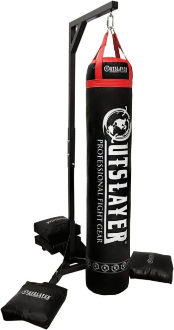 Outslayer Heavy Duty Punching Bag Stand - 7.8ft Tall Boxing Stand Heavy Bags up to 350lbs - Made in USA - Includes 4 Unfilled Sand Bags to Weigh Down The Station - Easy Assembly