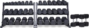 REP FITNESS Rubber Hex Dumbbell Set with Racks, 5-50 Set, 5-75 Set, 5-100 Set, 2.5-27.5 Set, 55-75, 80-100, or 105-125 Set. Available with and Without Racks.