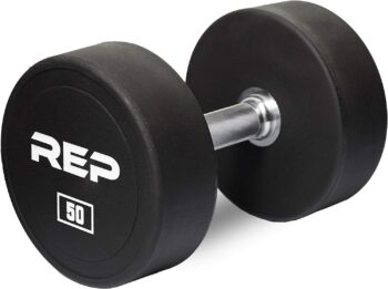 Rep Fitness Urethane Coated Dumbbells, Sold in 5-50 lb, 5-75 lb, 5-100 lb, 55-75 lb, and 80-100 lb, Available in set alone, or with Commercial or 3-Tier Rack