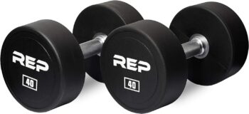 Rep Fitness Urethane Coated Dumbbells, Sold in 5-50 lb, 5-75 lb, 5-100 lb, 55-75 lb, and 80-100 lb, Available in set alone, or with Commercial or 3-Tier Rack