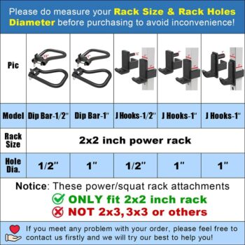 SELEWARE Solid Dip Bar Attachment for 2" x 2" or 3" x 3" with 1", 5/8" or 1/2" Hole Power Cage Squat Rack, Set of 2 Dip Bar Muti-Grip Handles for Strength Training, Double Welding Design