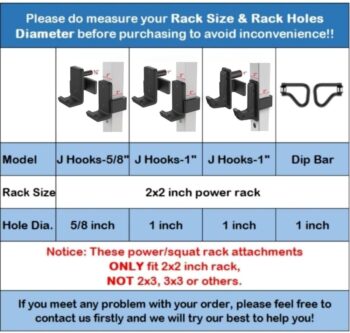 SELEWARE Solid Steel J Hooks for 2" x 2" Tube Power Cage with 1" or 5/8" Hole Squat Rack Attachment, J-Hook Barbell Holder for Power Rack, Set of 2